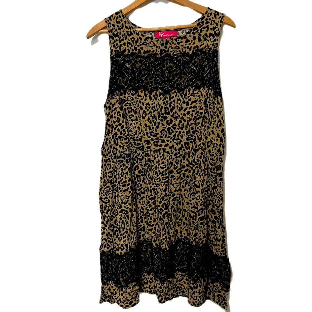 Up by Ultra Pink Medium Mini Leopard Print Black Lace Sleeveless Short Dress